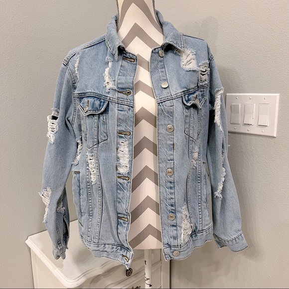 Topshop Jackets & Blazers - Topshop Moto denim jean jacket distressed light wash size 8